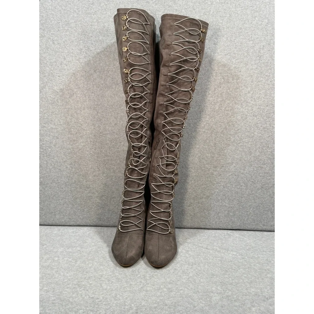 Gray Suede Wide-Calf Lace-Up Over The Knee Boots Size 8 OTK Heels Pointed‎ Toe